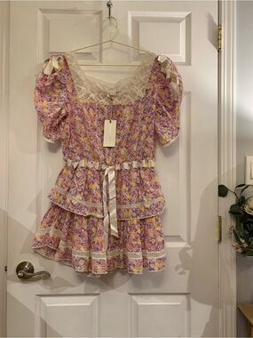 LoveShackFancy Jetset Lace-Trim Floral Mini Dress